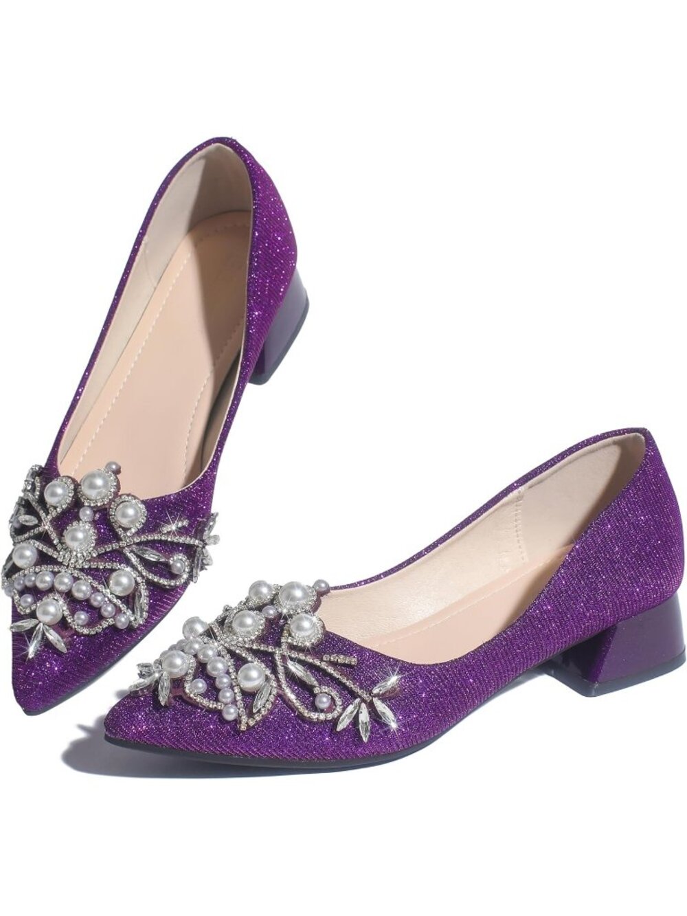 👑Women purple Rhinestone Fashion Pointed Toe Pearl Diamond Low Heel Dress shoes